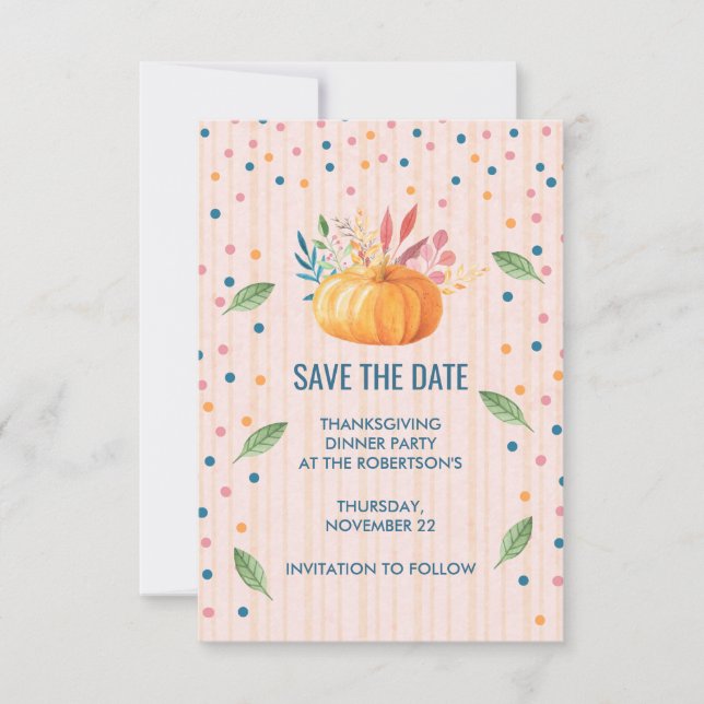 Orange Pumpkin on Pink and Gold Stripes STD Save The Date (Front)