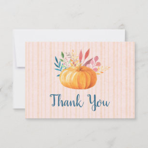 Orange Pumpkin on Pink and Gold Stripes Thank You Card