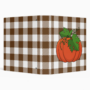 Orange Pumpkin on White Brown Checkered Pattern 3 Ring Binder
