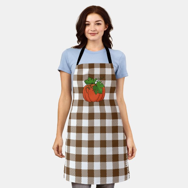 Orange Pumpkin on White Brown Checkered Pattern Apron (Worn)