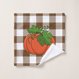 Orange Pumpkin on White Brown Checkered Pattern Bath Towel Set