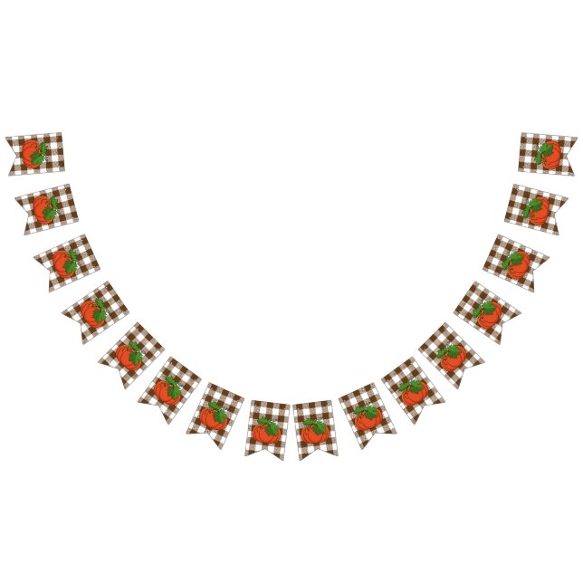 Orange Pumpkin on White Brown Checkered Pattern Bunting Flags (All)