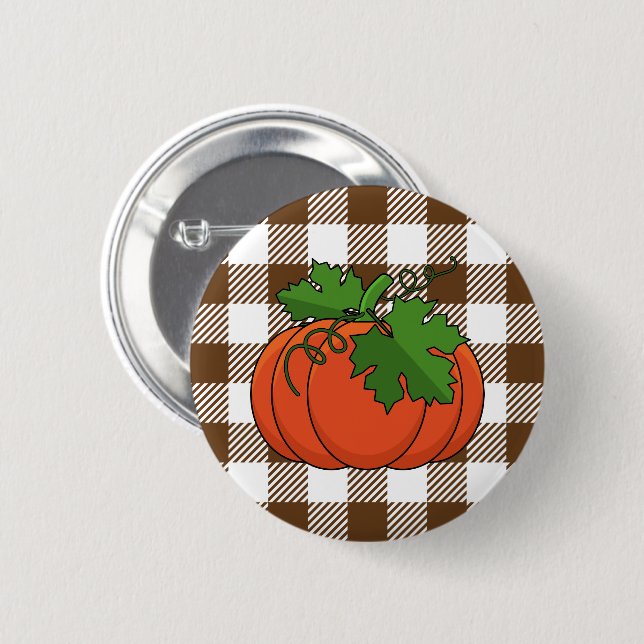 Orange Pumpkin on White Brown Checkered Pattern Button (Front & Back)