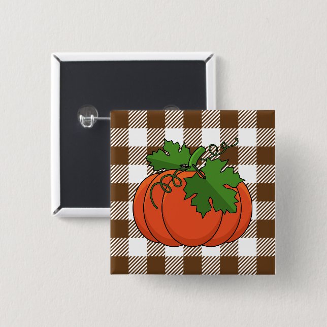 Orange Pumpkin on White Brown Checkered Pattern Button (Front & Back)