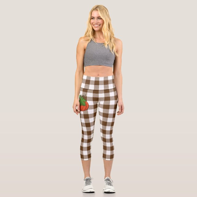 Orange Pumpkin on White Brown Checkered Pattern Capri Leggings (Front)