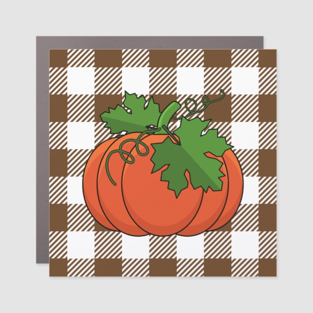 Orange Pumpkin on White Brown Checkered Pattern Car Magnet (Front)