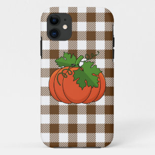 Orange Pumpkin on White Brown Checkered Pattern iPhone 11 Case