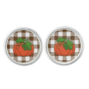 Orange Pumpkin on White Brown Checkered Pattern Cufflinks