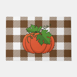 Orange Pumpkin on White Brown Checkered Pattern Doormat