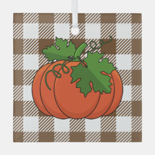 Orange Pumpkin on White Brown Checkered Pattern Glass Ornament
