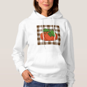 Orange Pumpkin on White Brown Checkered Pattern Hoodie