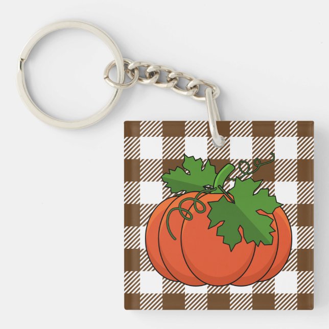 Orange Pumpkin on White Brown Checkered Pattern Keychain (Front)