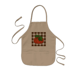 Orange Pumpkin on White Brown Checkered Pattern Kids' Apron