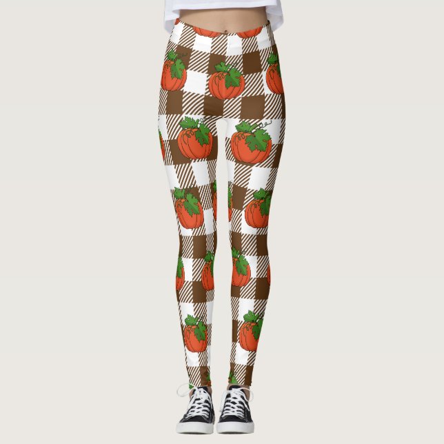 Orange Pumpkin on White Brown Checkered Pattern Leggings (Front)