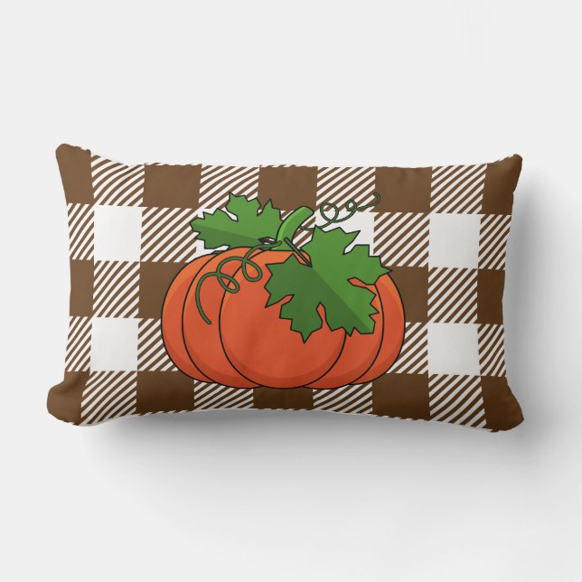 Orange Pumpkin on White Brown Checkered Pattern Lumbar Pillow (Front)
