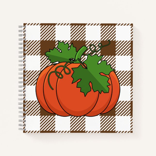 Orange Pumpkin on White Brown Checkered Pattern Notebook (Front)