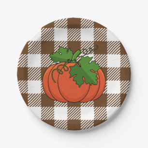 Orange Pumpkin on White Brown Checkered Pattern Paper Plates