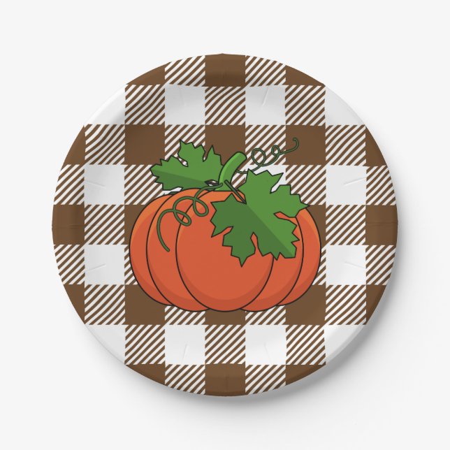 Orange Pumpkin on White Brown Checkered Pattern Paper Plates (Front)