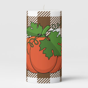Orange Pumpkin on White Brown Checkered Pattern Pillar Candle