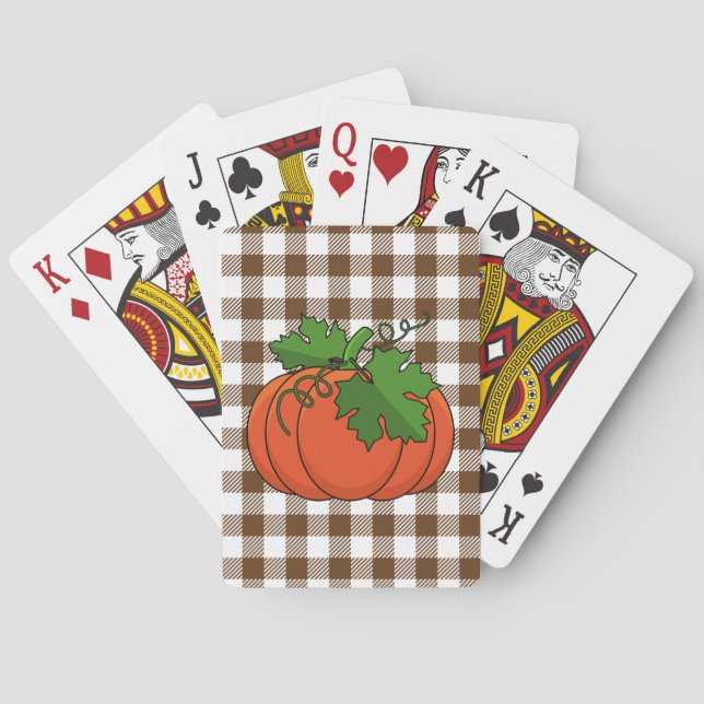 Orange Pumpkin on White Brown Checkered Pattern Poker Cards (Back)