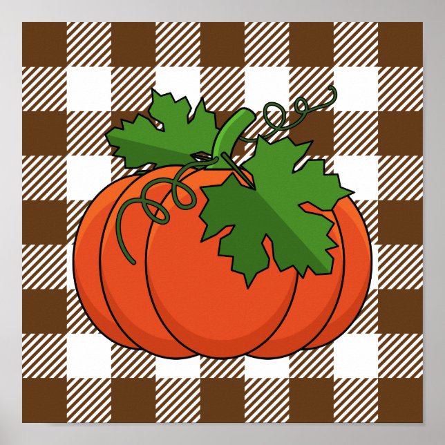 Orange Pumpkin on White Brown Checkered Pattern Poster (Front)