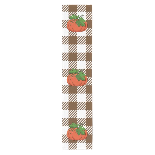 Orange Pumpkin on White Brown Checkered Pattern Short Table Runner (Front)