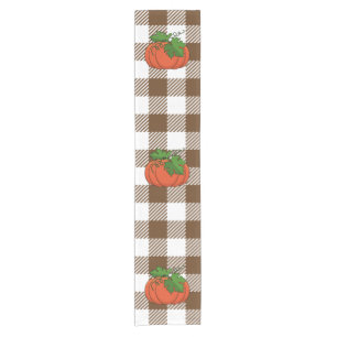 Orange Pumpkin on White Brown Checkered Pattern Short Table Runner