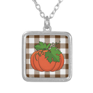 Orange Pumpkin on White Brown Checkered Pattern Silver Plated Necklace