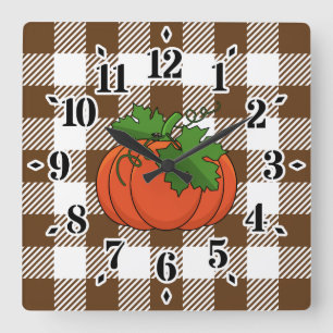 Orange Pumpkin on White Brown Checkered Pattern Square Wall Clock