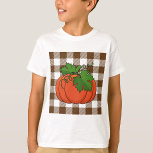 Orange Pumpkin on White Brown Checkered Pattern T-Shirt