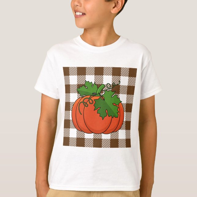 Orange Pumpkin on White Brown Checkered Pattern T-Shirt (Front)