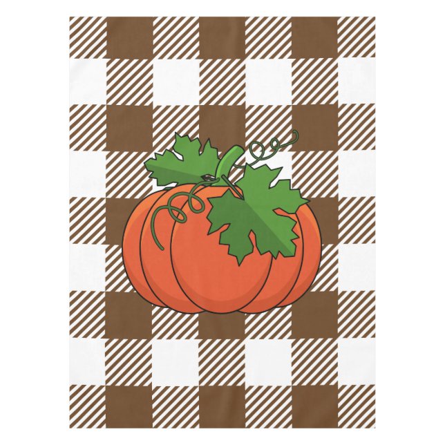 Orange Pumpkin on White Brown Checkered Pattern Tablecloth (Front)