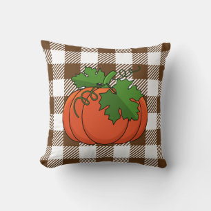 Orange Pumpkin on White Brown Checkered Pattern Throw Pillow