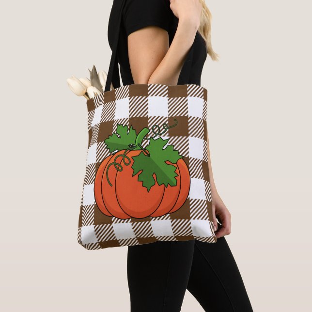 Orange Pumpkin on White Brown Checkered Pattern Tote Bag (Close Up)