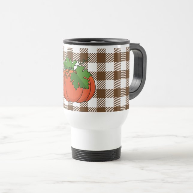 Orange Pumpkin on White Brown Checkered Pattern Travel Mug (Front Right)