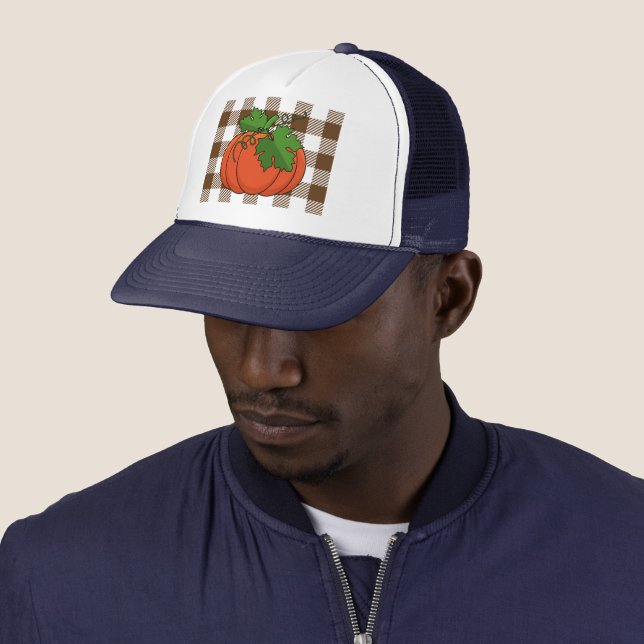 Orange Pumpkin on White Brown Checkered Pattern Trucker Hat (In Situ)