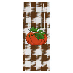 Orange Pumpkin on White Brown Checkered Pattern Wine Gift Bag