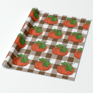 Orange Pumpkin on White Brown Checkered Pattern Wrapping Paper