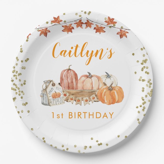 Orange Pumpkin Patch Autumn Birthday Paper Plates (Front)