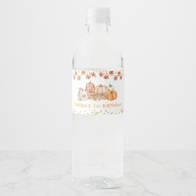 Orange Pumpkin Patch Autumn Birthday Water Bottle Water Bottle Label (Front)