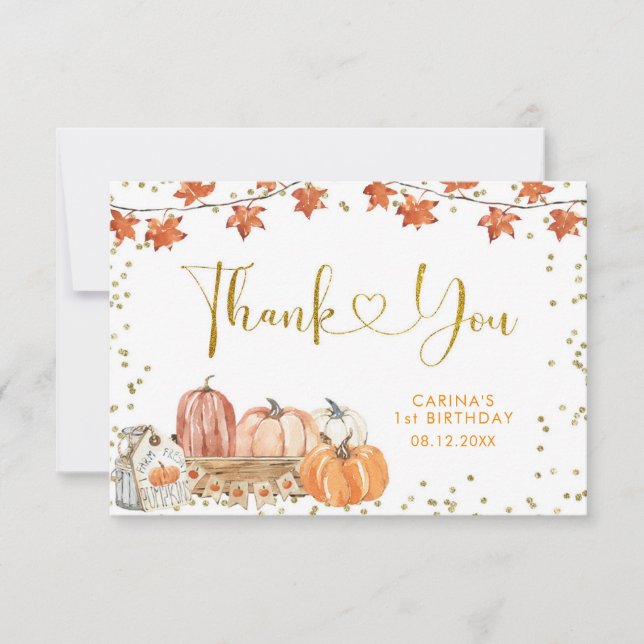 Orange Pumpkin Patch Fall Birthday Thank You Card (Front)