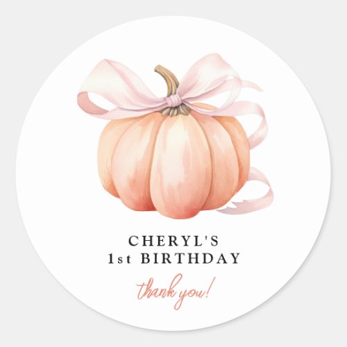 Orange Pumpkin Pink Bow 1st Birthday Classic Round Sticker