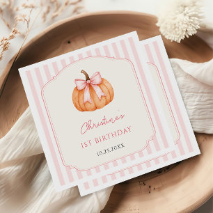 Orange Pumpkin Pink Bow 1st Birthday  Napkins