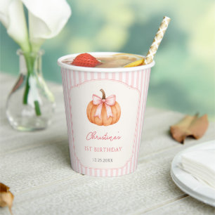 Orange Pumpkin Pink Bow 1st Birthday Paper Cups