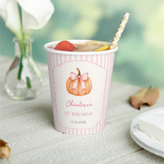 Orange Pumpkin Pink Bow 1st Birthday Paper Cups