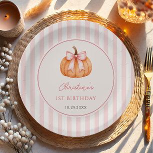 Orange Pumpkin Pink Bow 1st Birthday Paper Plates