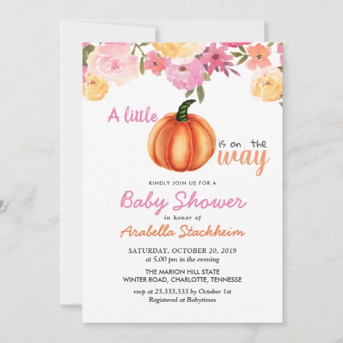 Orange Pumpkin Pink Floral  Baby Shower Invitation