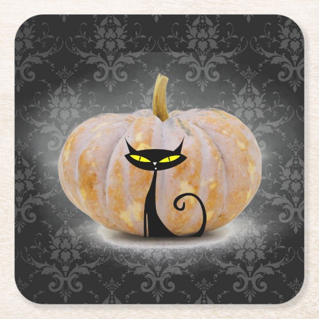 Orange Pumpkin & Retro Cat Halloween Party Coaster (Front)