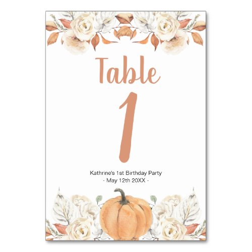 Orange Pumpkin Rustic Floral Birthday Table Number