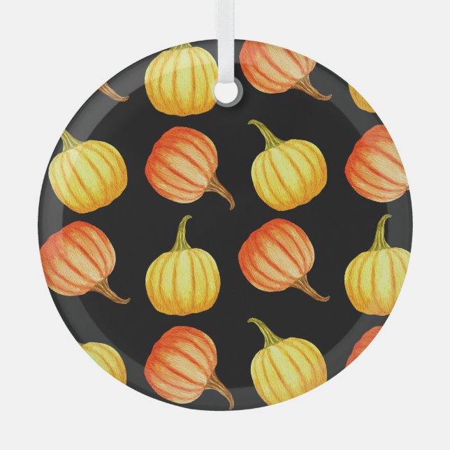 Orange Pumpkin: Seamless Watercolor Pattern. Glass Ornament (Front)